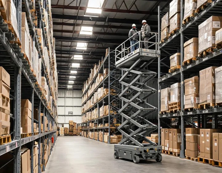 Aerial work platform raised beside warehouse racking